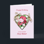 Step Sister Birthday Antique Paated Ro Kort<br><div class="desc">Ett romantiskt födelsedagskort. En målning av ro är framkantad av ett utsmyckat guldhjärta. Ge din fotsyster en födelsedag hälsning med en vacker målning av en bukett av ro.</div>