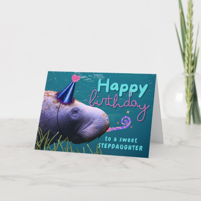 Stepdotter Birthday Cute Manatee vid Party Kort (Framsida)