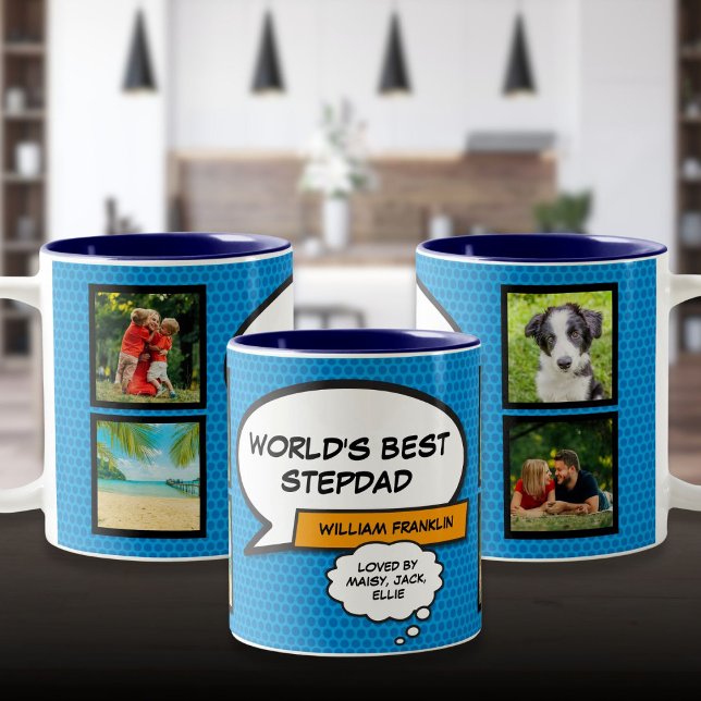 Stepfather Stepdad 4 Photo Roligt Tecknad Bok Blue Två-Tonad Mugg (Stepfather Stepdad 4 Photo Fun Comic Book Blue Two-Tone Coffee Mug)