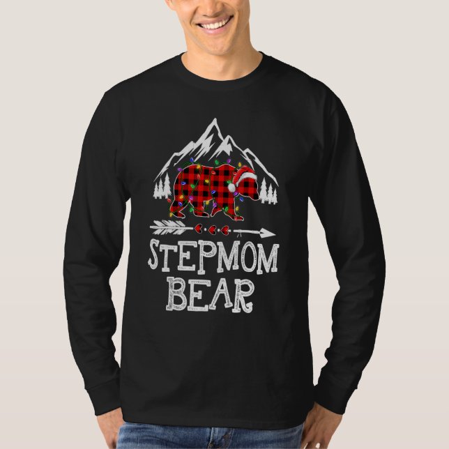 Stepmom Bear Buffalo Plaid Matching Family Christm T Shirt (Framsida)