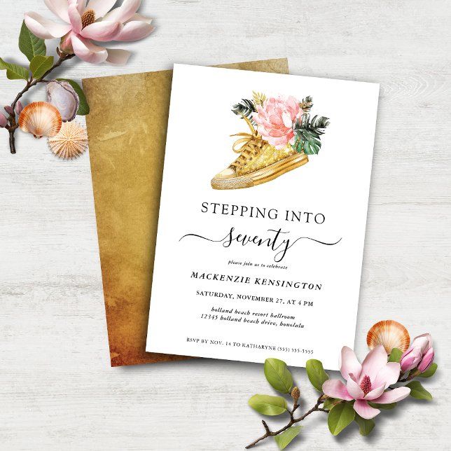 Stepping in to 70 Blommigt Guld Shoe Birthday Inbjudningar (Stepping Into 70 Floral Gold Shoe Birthday Invitation)