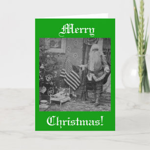Stereoview Santa & amerikanska flaggan ca 1901 Helgkort
