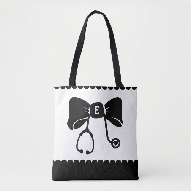 Stethoscope Bow Black & White Medical Tote Bag Tygkasse (Framsida)