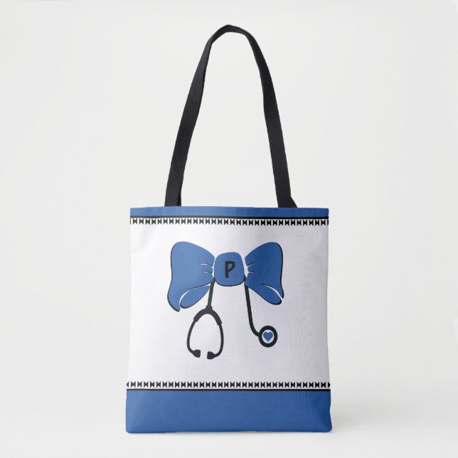 Stethoscope Bow Blue & White Tote Bag Tygkasse (Framsida)