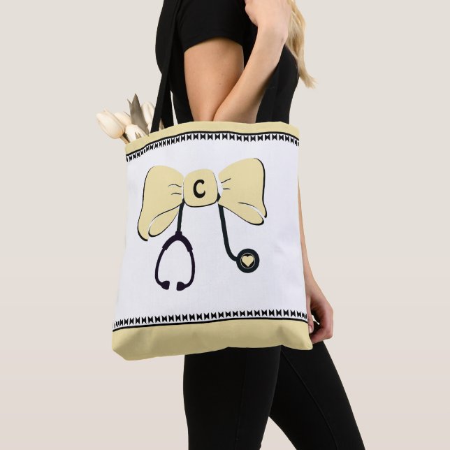 Stethoscope Bow Gult & White Tote Bag Tygkasse (Närbild)