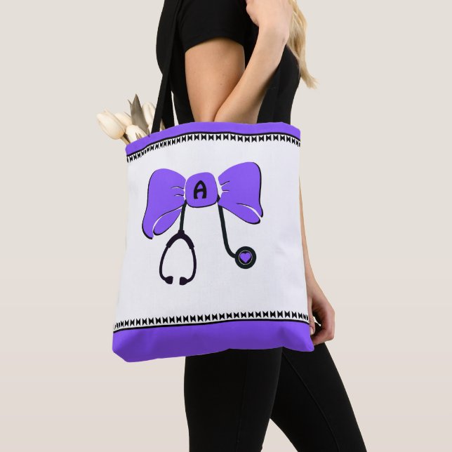 Stethoscope Bow Lila & White Tote Bag Tygkasse (Närbild)
