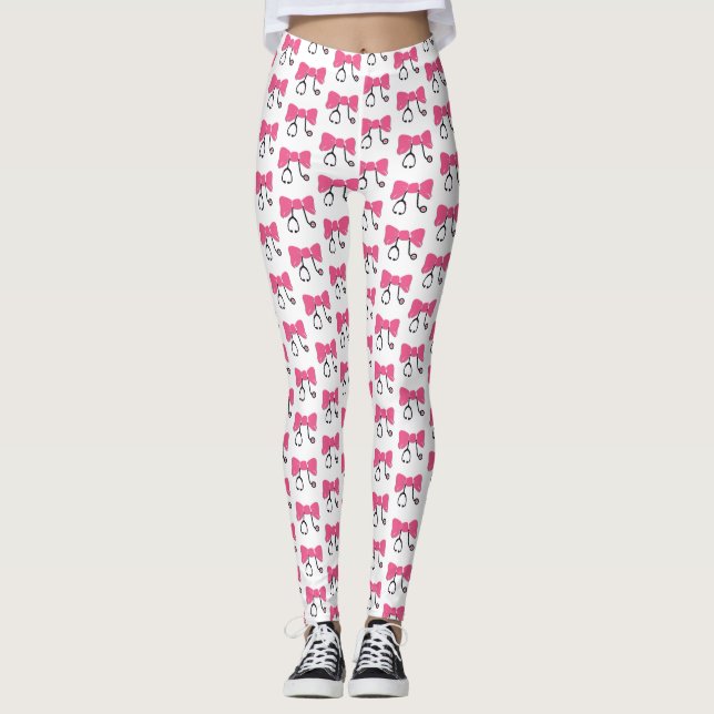 Stethoscope Bow Rosa & White Medical Leggings (Framsida)
