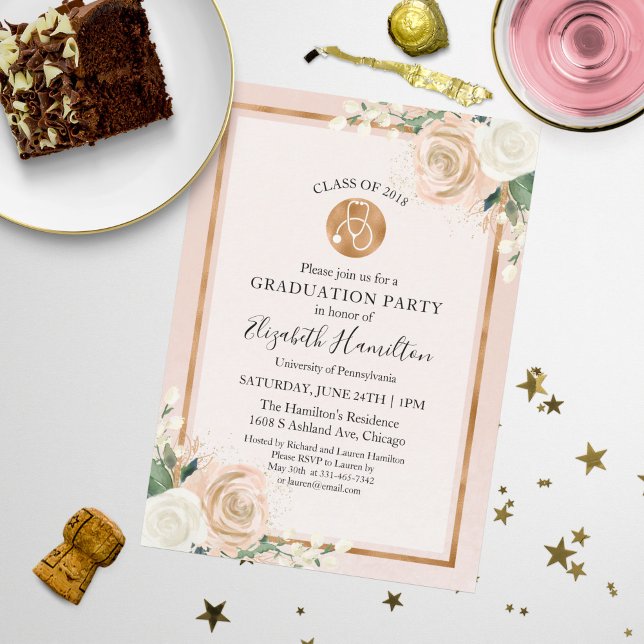 Stetoskop Blommig Foto för Examensfest för Sjukskö Inbjudningar (Skapare uppladdad)