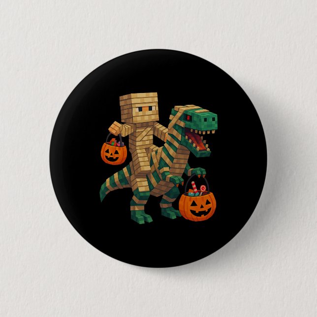 Steve Riding Mummy Dinosaur T Rex Halloween Rolig  Knapp (Framsida)