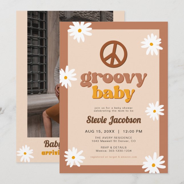 SteVIE Retro 70s Daisy Peace Groovy Baby Shower Inbjudningar (Fram/baksida)