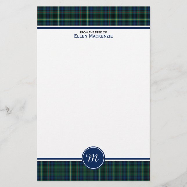 Stewart Klan Hunting Tartan Grönt Plade Monogram Brevpapper (Framsida)