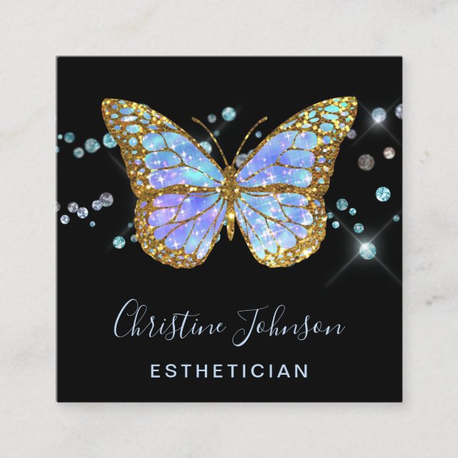 Stheticiska faux glitter blue butterfly-design fyrkantigt visitkort (Framsida)
