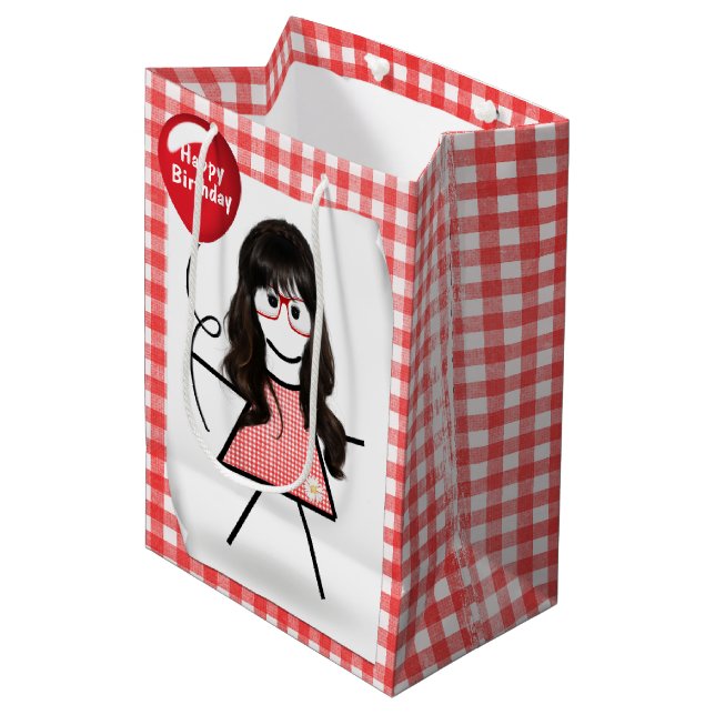 Stick Birthday Gingham Girl med Red Balloon (Framsidan Vinklad)