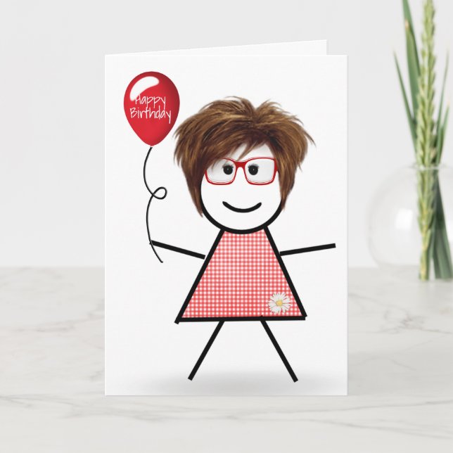 Stick Birthday Gingham Girl med Red Balloon Kort (Framsida)