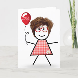 Stick Birthday Gingham Girl med Red Balloon Kort