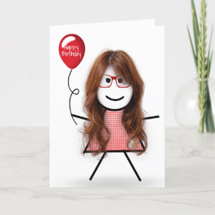 Stick Birthday Gingham Girl med Red Balloon Kort