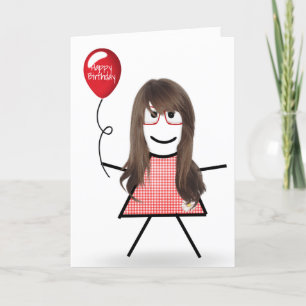 Stick Birthday Gingham Girl med Red Balloon Kort