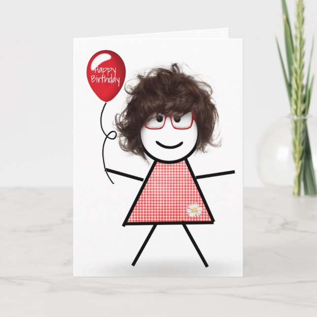 Stick Birthday Gingham Girl med Red Balloon Kort (Framsida)
