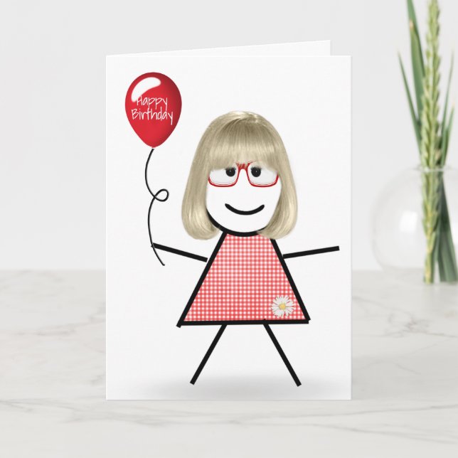 Stick Birthday Gingham Girl med Red Balloon Kort (Framsida)
