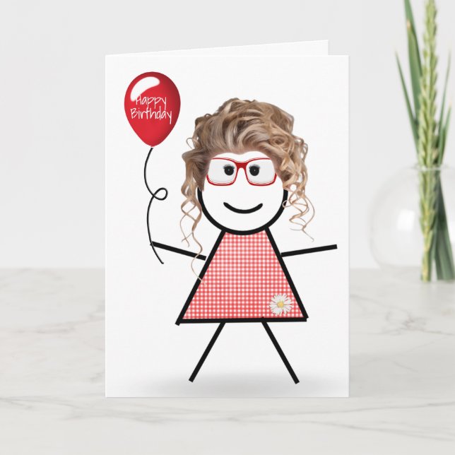Stick Birthday Gingham Girl med Red Balloon Kort (Framsida)