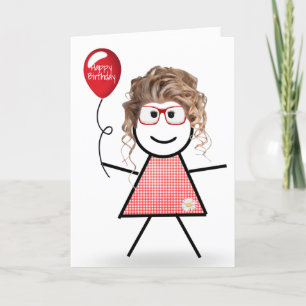 Stick Birthday Gingham Girl med Red Balloon Kort