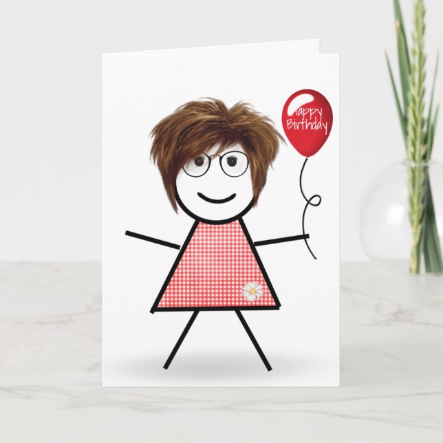 Stick Birthday Girl med Red Balloon Kort (Framsida)