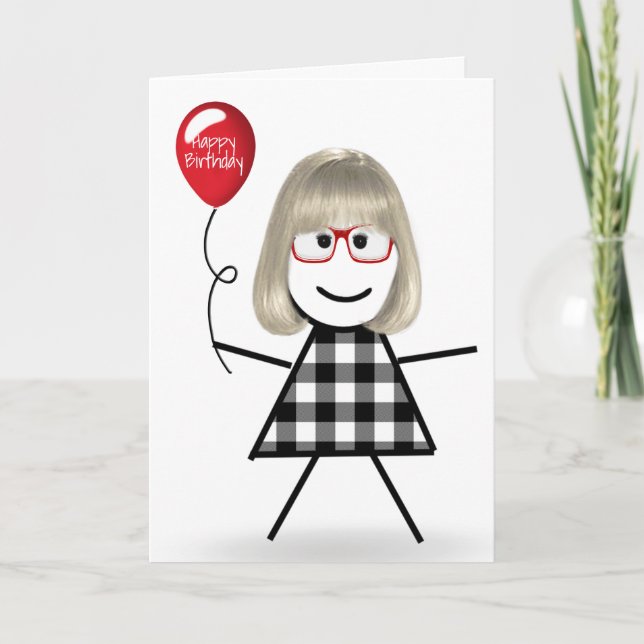 Stick Birthday Girl med Red Balloon Kort (Framsida)