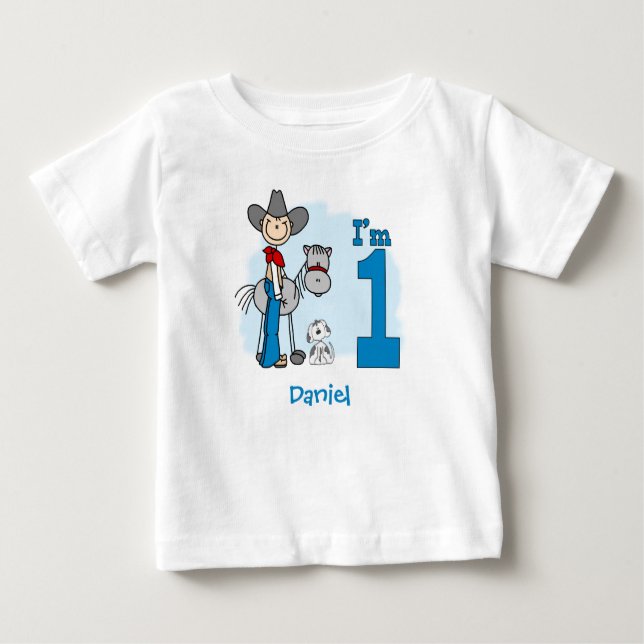 Stick Cowboy 1st Birthday Baby T-Shirt (Framsida)