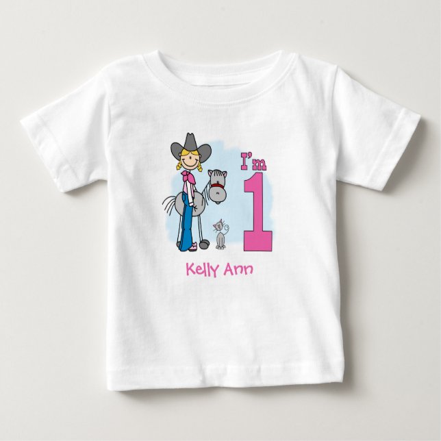Stick Cowgirl 1st Birthday Baby T-Shirt (Framsida)