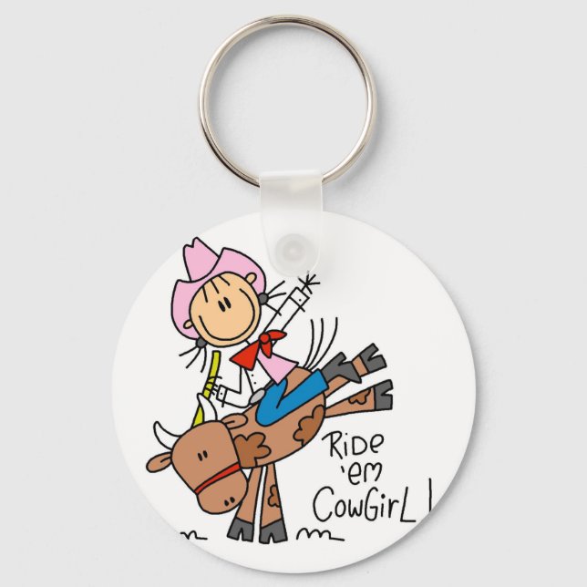 Stick Cowgirl Riding Bull Tshirts och Gifts Nyckelring (Framsida)