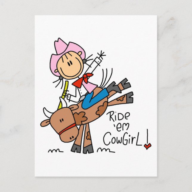 Stick Cowgirl Riding Bull Tshirts och Gifts Vykort (Framsida)