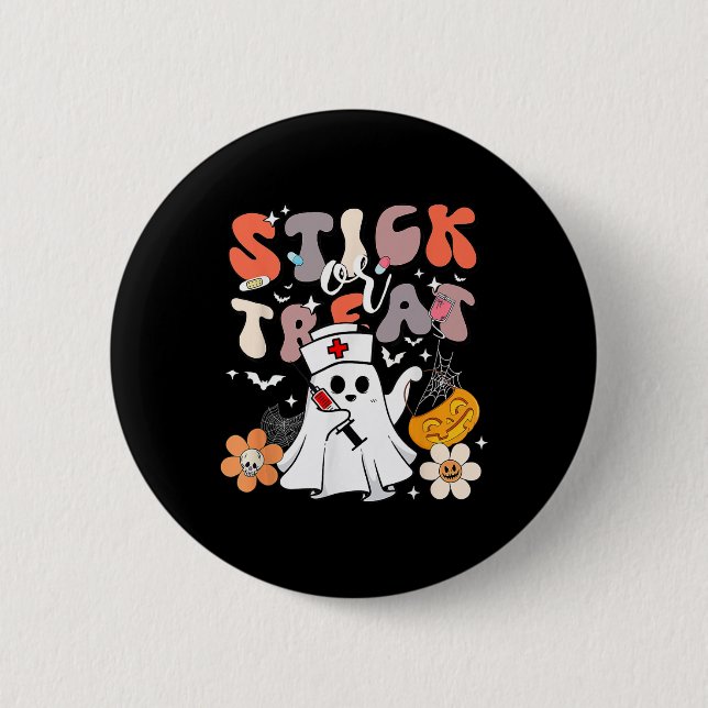 Stick eller behandla Halloween Ghost Nurse Crna Em Knapp (Framsida)