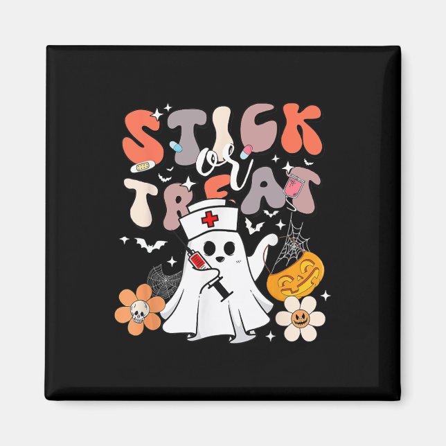 Stick eller behandla Halloween Ghost Nurse Crna Em Magnet (Framsidan)