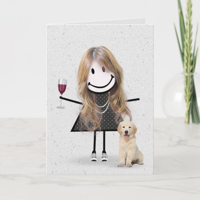Stick figur Birthday Girl med Golden Retriever Kort (Framsida)