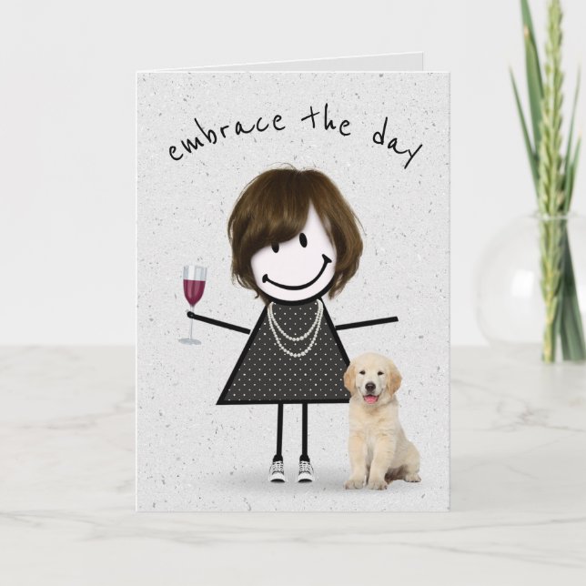 Stick figur Birthday Girl med Hund Kort (Framsida)