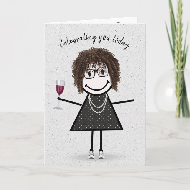 Stick figur Birthday Girl med Red Vin Kort (Framsida)