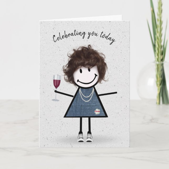 Stick figur Birthday Girl med Vin Glass Kort (Framsida)