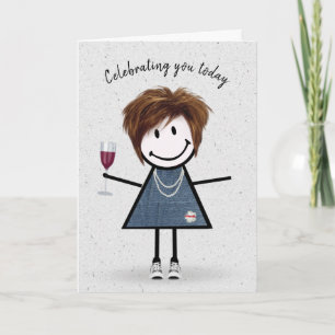 Stick figur Birthday Girl med Vin Glass Kort