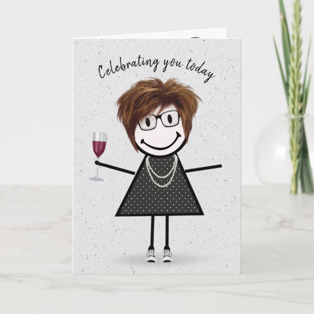 Stick figur Birthday Girl med Vin Glass Kort (Framsida)