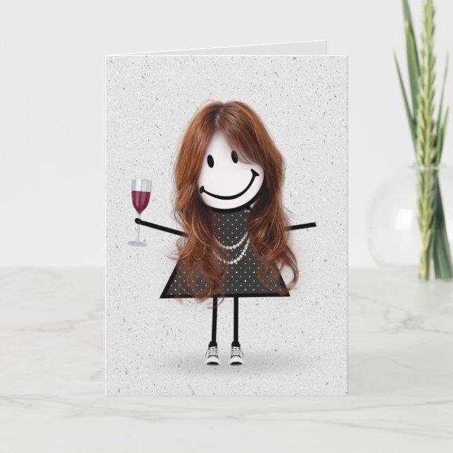 Stick figur Birthday Girl med Vin Kort (Framsida)