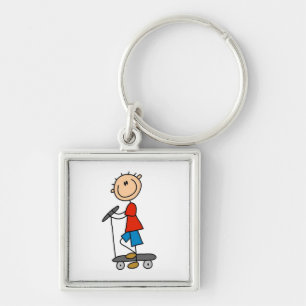 Stick figur Boy on Scooter Fyrkantig Silverfärgad Nyckelring