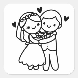 Stick figur Bride and Groom Embrace Bröllop Fyrkantigt Klistermärke