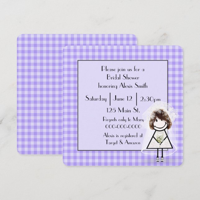 Stick figur Bride on Lila Gingham Inbjudningar (Fram/baksida)