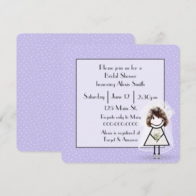 Stick figur Bride on Lila Polka dots Inbjudningar (Fram/baksida)
