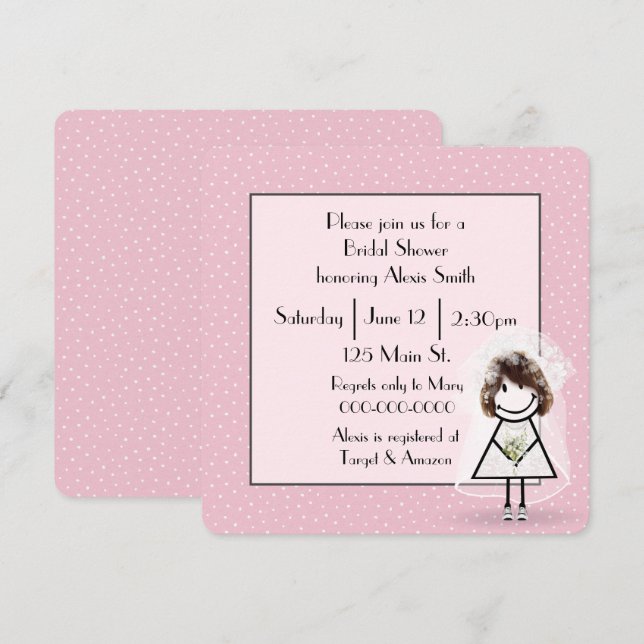 Stick figur Bride on Rosa Polka dots Inbjudningar (Fram/baksida)