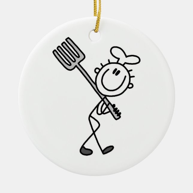 Stick figur Chef med gaffel Julgransprydnad Keramik (Framsidan)