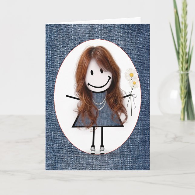 Stick figur flicka med Daisy på födelsedagen Kort (Framsida)