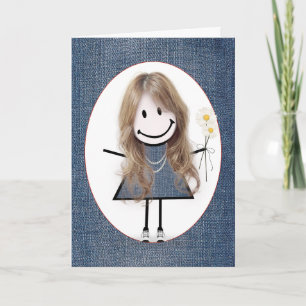 Stick figur flicka med Daisy på födelsedagen Kort