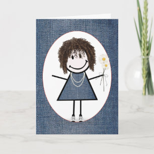 Stick figur flicka med Daisy på födelsedagen Kort