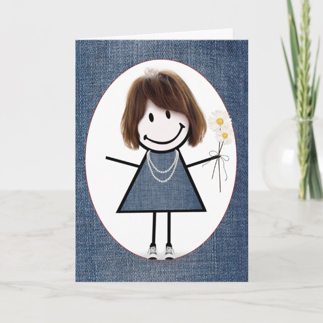 Stick figur flicka med Daisy på födelsedagen Kort (Framsida)
